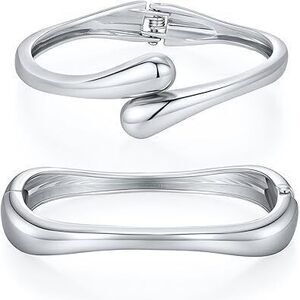 2Pcs Chunky Silver Bangle Bracelets For Women Trendy 14K Silver Plated Cuff